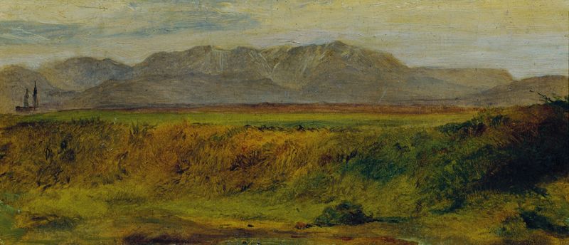 Landschaft mit Rax-Massiv, oil on canvas by Johann Till the younger, depicting mountains at twilight.