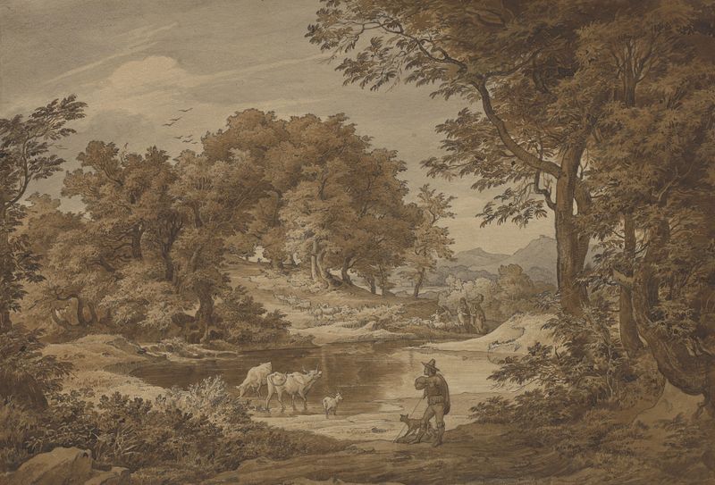 Uma paisagem italianate com pastores, pintura a óleo de Friedrich Preller o Velho