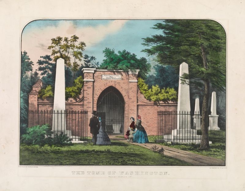 The tomb of Washington, a lithograph by Currier & Ives, depicting a grave surrounded by greenery.