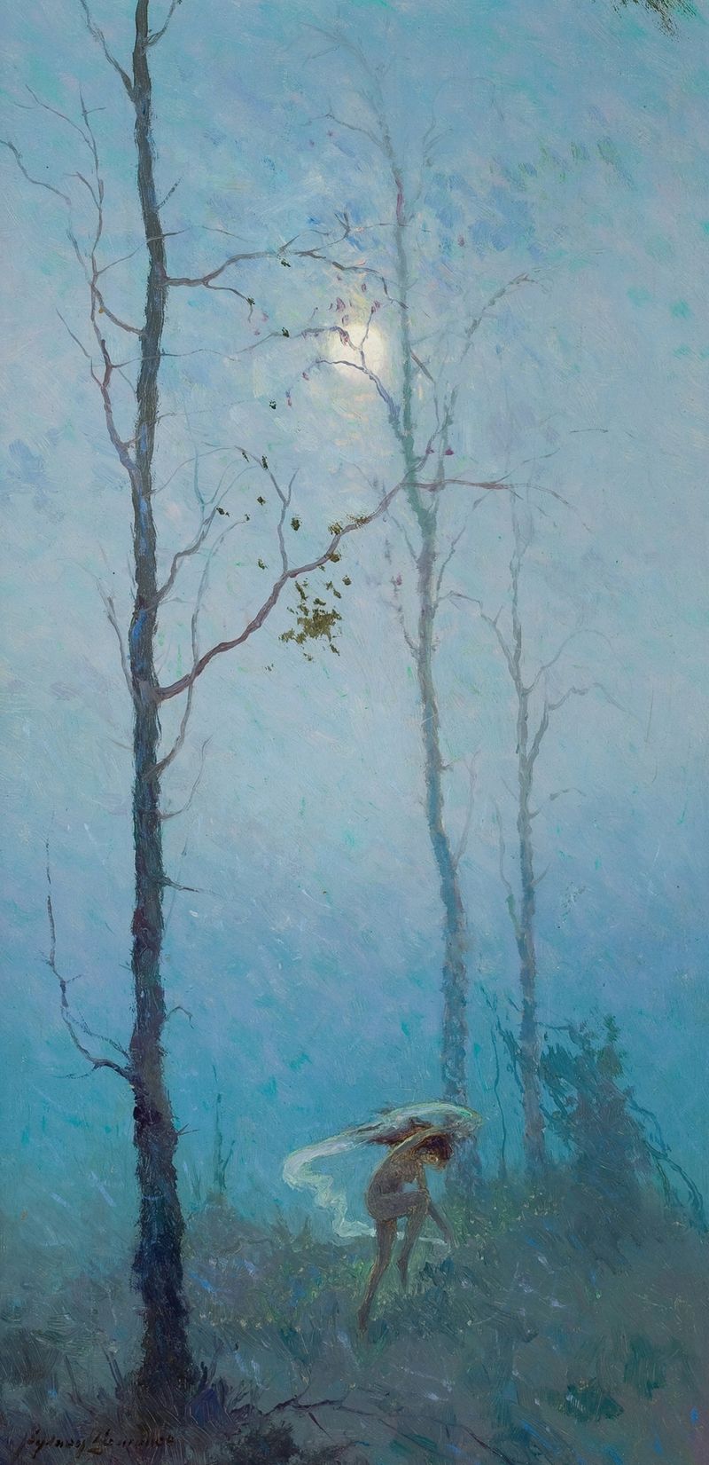 Keeping Warm by Sydney Mortimer Laurence, oil on canvas depicting figures around a campfire