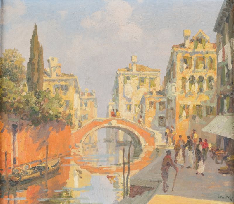 Canal em Veneza por Roberto Iras Baldessari, óleo sobre tela mostrando reflexos ao entardecer na água.