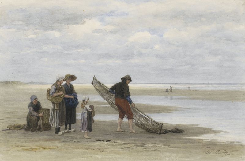 Garnalenvisser op het strand by Philip Sadée, oil painting of a fisherman on the beach