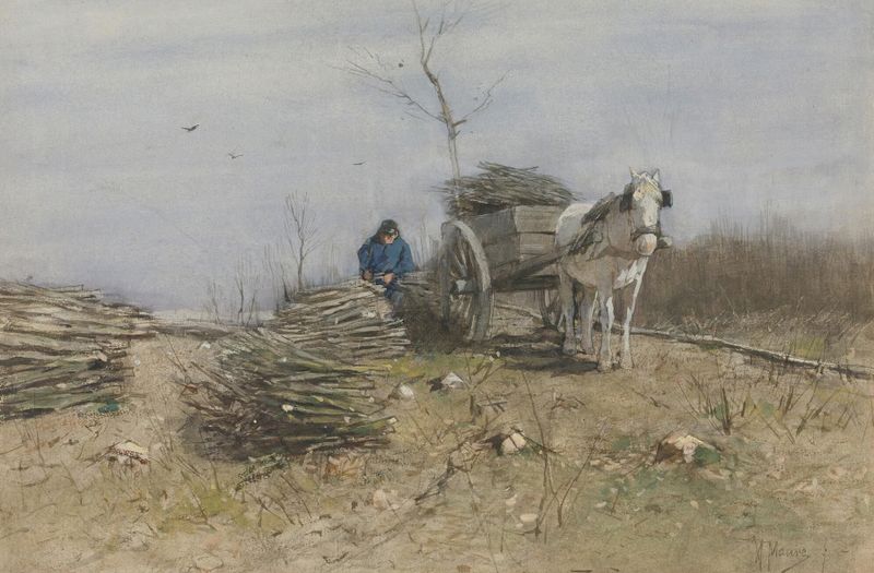 The wood gatherer, oil on canvas by Anton Mauve, depicts a man collecting wood in a forest.