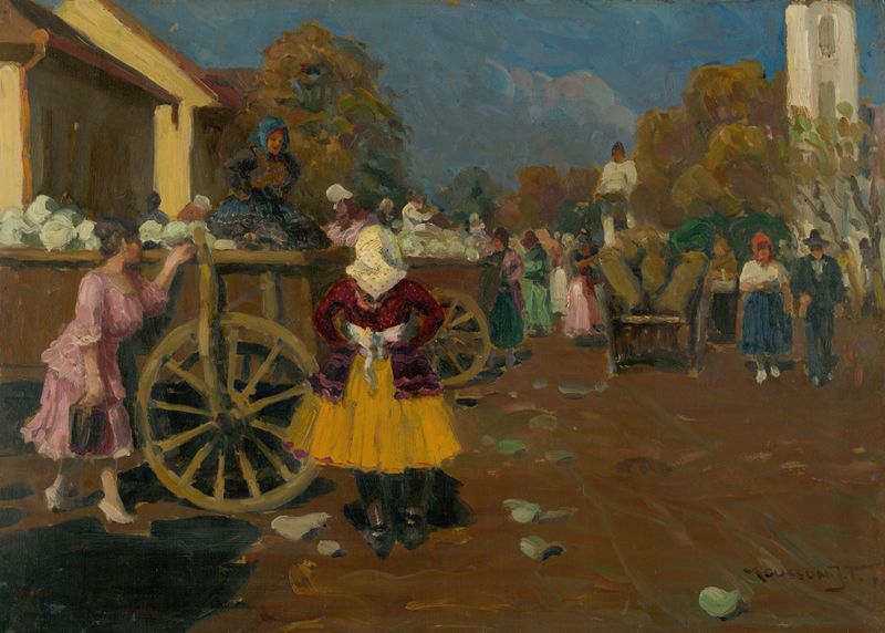 Genre scene depicting a vibrant marketplace by Jozef Teodor Mousson, oil painting
