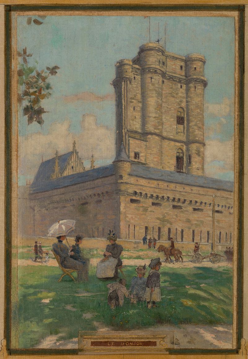 Le Donjon by Maurice Chabas, depicting a castle at twilight, oil painting