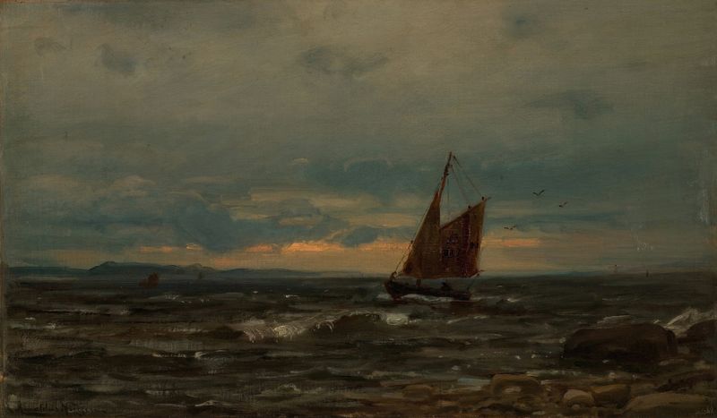 Losskøyte de Amaldus Nielsen, óleo sobre tela representando ondas quebrando contra um casco.