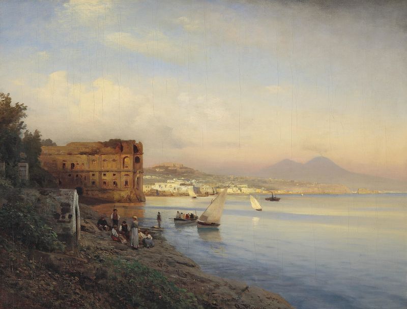 Blick auf die Bucht von Neapel by Albert Flamm, oil painting depicting a serene bay at twilight.