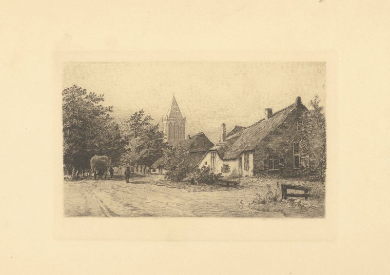 Landscape oil painting by Jacobus Gerardus Veldheer featuring farmhouses and hills.