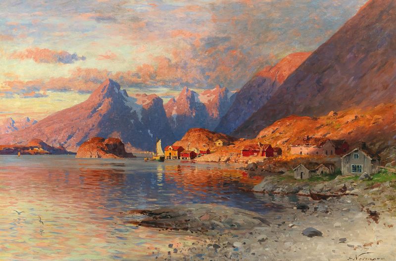 A fjord landscape at sunset, oil on canvas by Adelsteen Normann