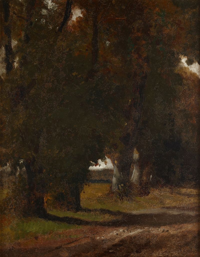 Road Among Trees de Maksymilian Gierymski, óleo de un camino sereno a través de un bosque vibrante.