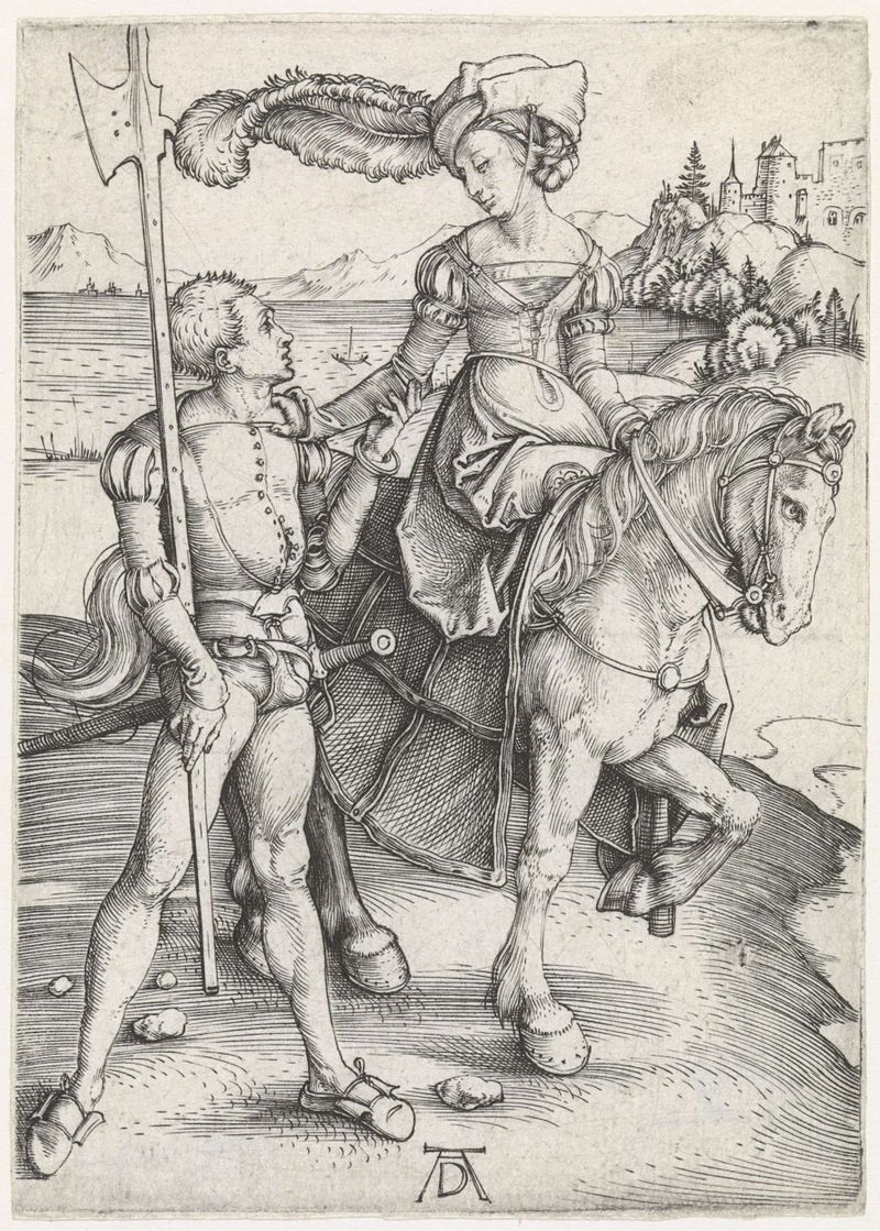 Grabado de Albrecht Dürer que presenta a una mujer a caballo y un soldado.