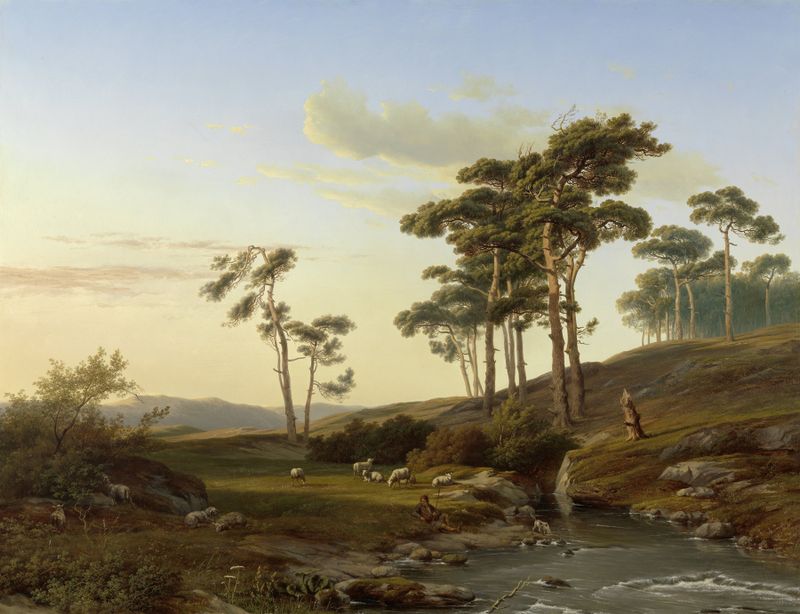 Paisaje con un pastor al atardecer, óleo de Cornelis Lieste