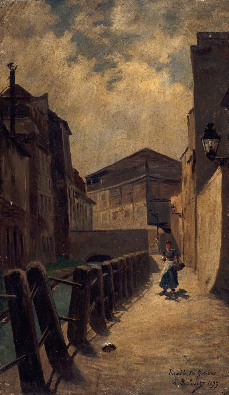 Landscape of La Bièvre, ruelle des Gobelins by Alfred-Louis Bahuet, oil on canvas