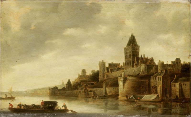 Pintura a óleo de paisagem de Frans de Hulst com uma fortaleza, árvores e nuvens.