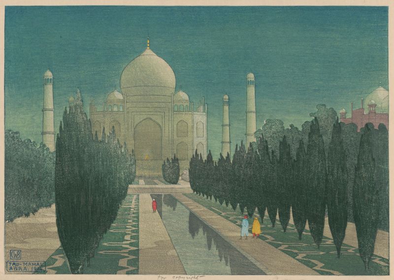 Watercolour by Charles William Bartlett depicting the Taj Mahal with a garden and soft light.