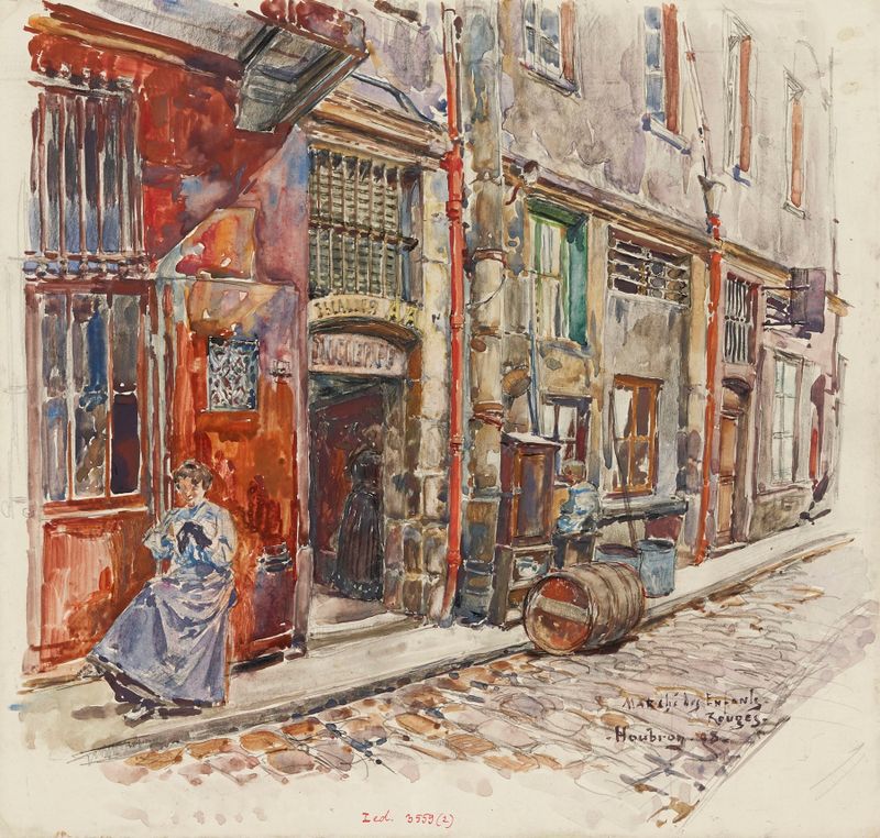 Oil painting by Frédéric Houbron depicting a market entrance with shadows and light.