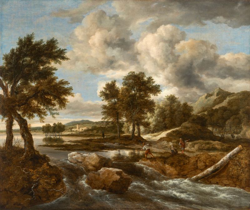 Paisaje fluvial con figuras de Jacob van Ruisdael, óleo sobre lienzo