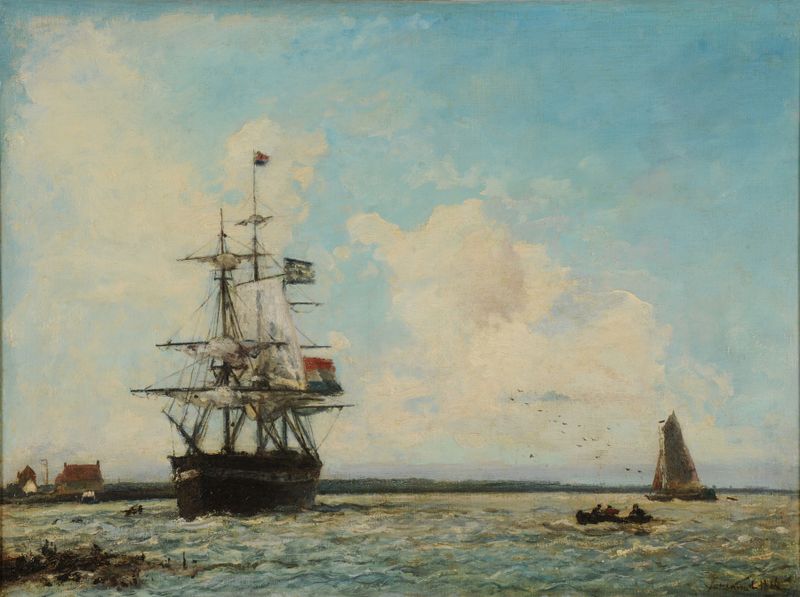 Marine. Le Grand Canal de Dordrecht de Johan Barthold Jongkind, pintura al óleo que muestra un canal con barcos y un cielo...
