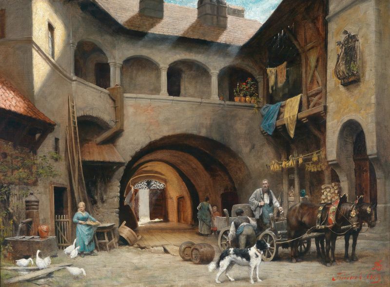Alter Hof in Friesach mit Fuhrwerk by Alois Schönn, oil on canvas depicting a landscape with a carriage and stone buildings.