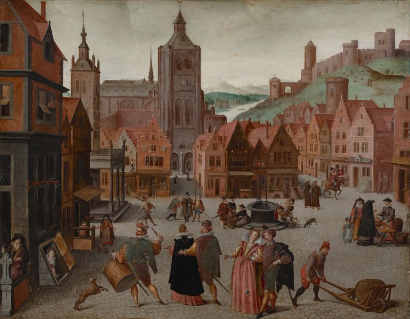 The Marketplace in Bergen op Zoom, oil on panel by Abel Grimmer, depicting vendors and goods.