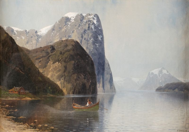 Paisaje de fiordo de Carl Bertold, óleo sobre lienzo que representa montañas y un sereno canal