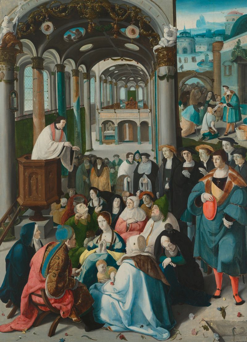 The Calling of Saint Anthony, oil on panel by Aertgen Claesz van Leyden, showing a sermon and acts of charity.