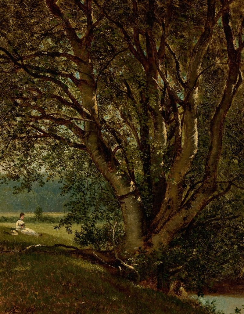 Woman Seated by a Stream (Study) by David Johnson, oil painting of a woman seated by a stream.