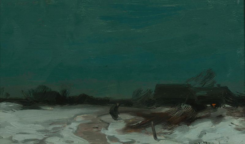 Winter landscape with cottages, snow, and trees by Roman Kazimierz Kochanowski
