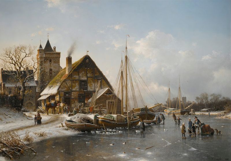 Winter On The Rhine, oil on canvas by Johannes Bertholomäus Duntze, depicting a river landscape in winter.