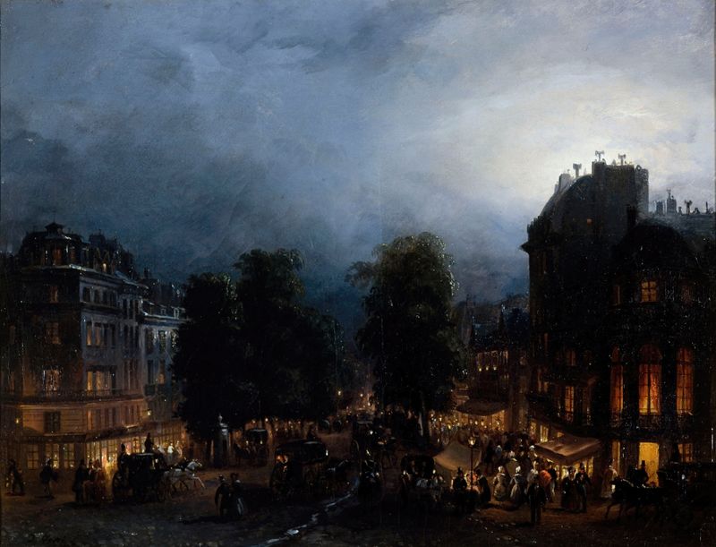 Le boulevard des Italiens de nuit, oil painting by Domenico Ferri depicting a lively Paris street at night.