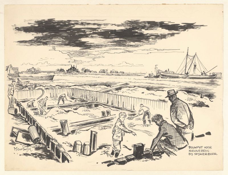 Representación figurativa de trabajadores y maquinaria en estilo modernista de Maarten Oortwijn