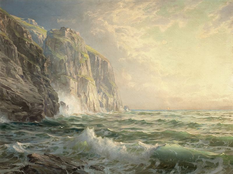 Rocky Cliff with Stormy Sea, Cornwall de William Trost Richards, óleo que muestra olas turbulentas y acantilados
