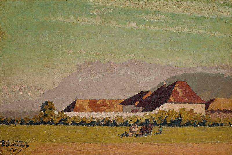Ferme dans un paysage du Dauphiné de Pierre Bonnard, pintura a óleo que retrata uma casa de campo em uma paisagem exuberante.