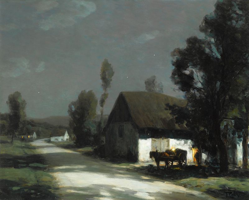 A village road illuminated by moonlight, by François-Charles Cachoud, oil painting.