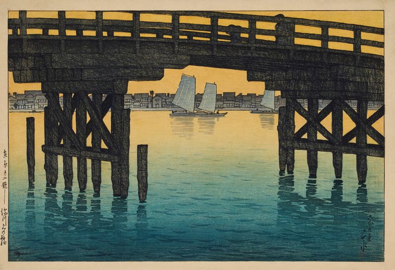 Ukiyo-e de Kawase Hasui retratando uma ponte sob a luz da lua