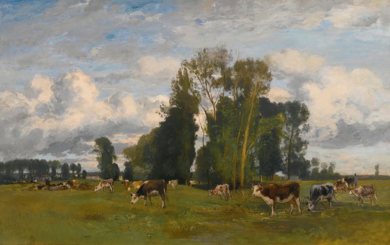 Grazing cows in a meadow with wildflowers, oil on canvas by Eugen Jettel