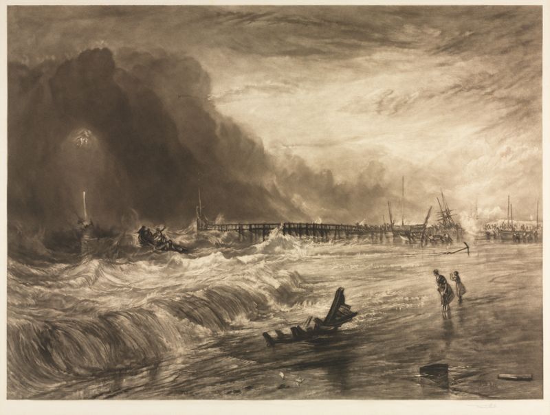 Vessel in Distress of Yarmouth de Sir Frank Short, pintura al óleo que muestra un barco en un océano tormentoso.