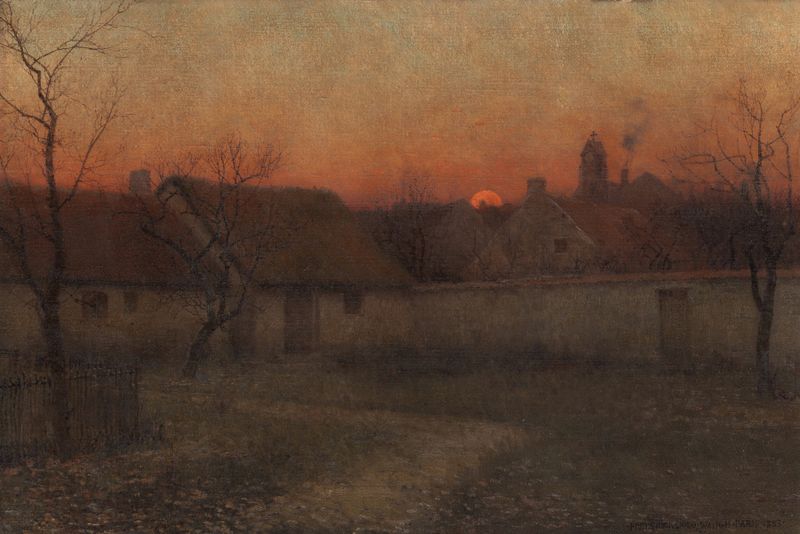 Country Cabins at Sunset by Frederick Judd Waugh, oil painting depicting a serene sunset landscape.