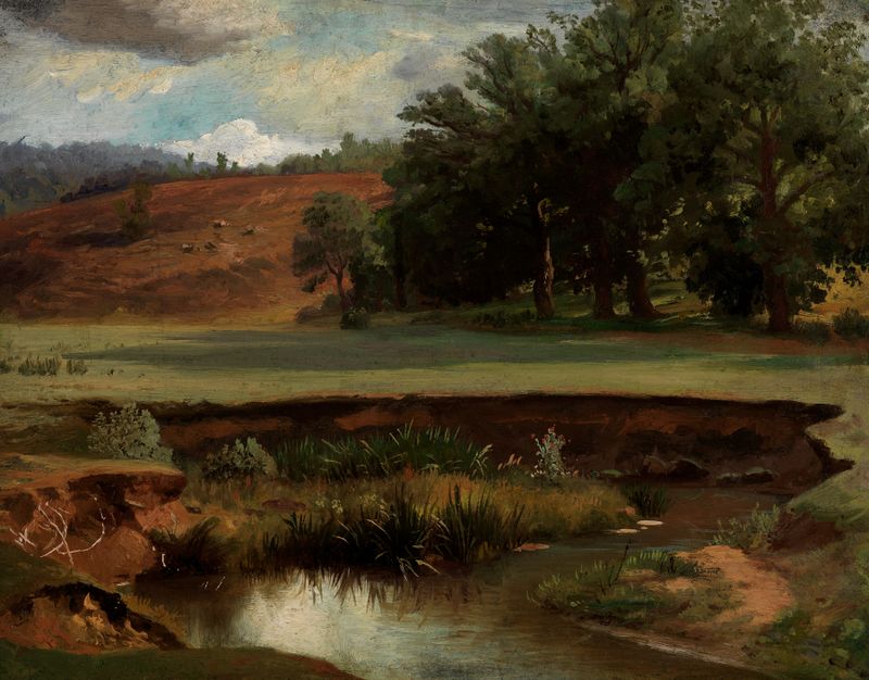 Paisaje con un estanque tranquilo y vegetación exuberante, pintura al óleo de Johann Wilhelm Schirmer