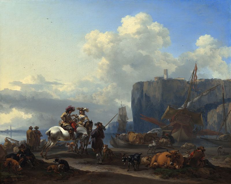 Marine scene with boats at an Italian port, oil painting by Nicolaes Pietersz Berchem
