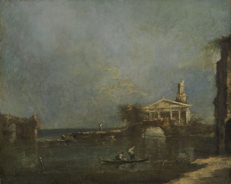 Lagoon near Venice, óleo sobre tela de Francesco Guardi, retratando águas tranquilas e reflexos.