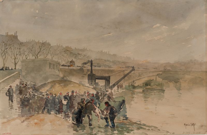 Paisaje del río Sena con arquitectura, óleo sobre lienzo de Francis Garat