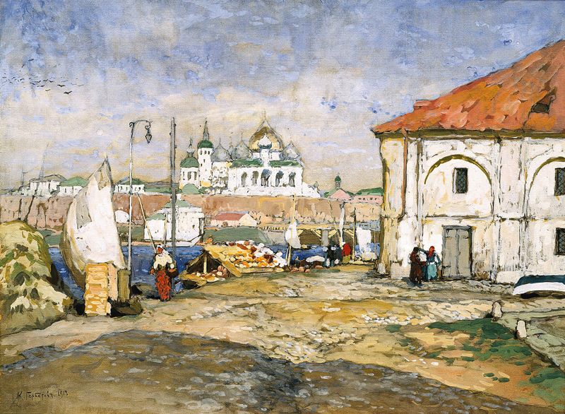 Marine scene of Pier In The Old Town by Konstantin Ivanovich Gorbatov, oil painting