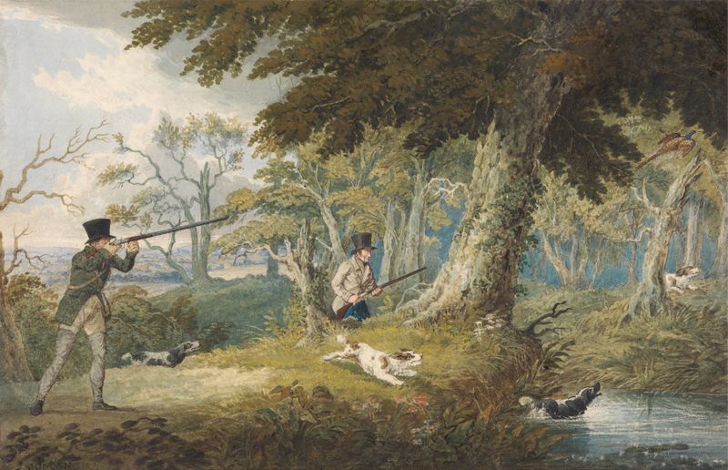 Pheasant Shooting by Edward Duncan, depicting a figure hunting in a tranquil landscape, oil painting