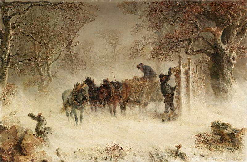 Paisagem de inverno com uma carroça de madeira lutando na neve de Hermann Kauffmann, pintura a óleo