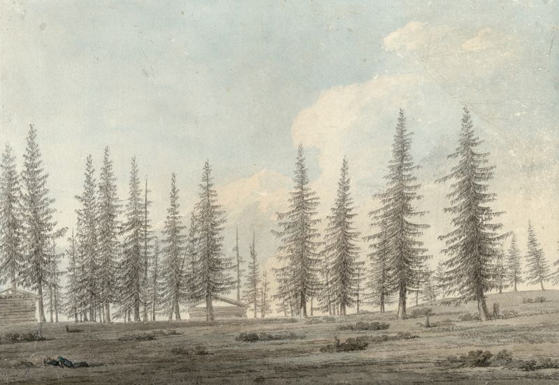 Landscape with mountains and fog by John Robert Cozens, oil painting