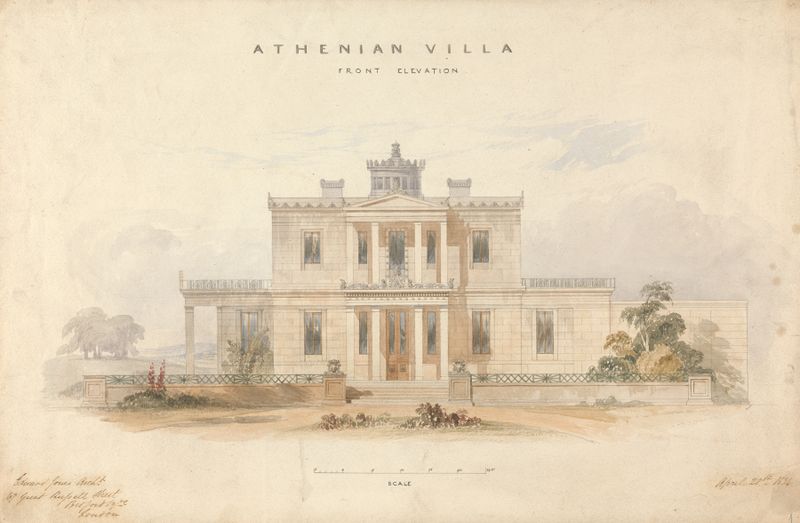 Design for an Athenian Villa, Front Elevation by Edward Jones, ink on paper