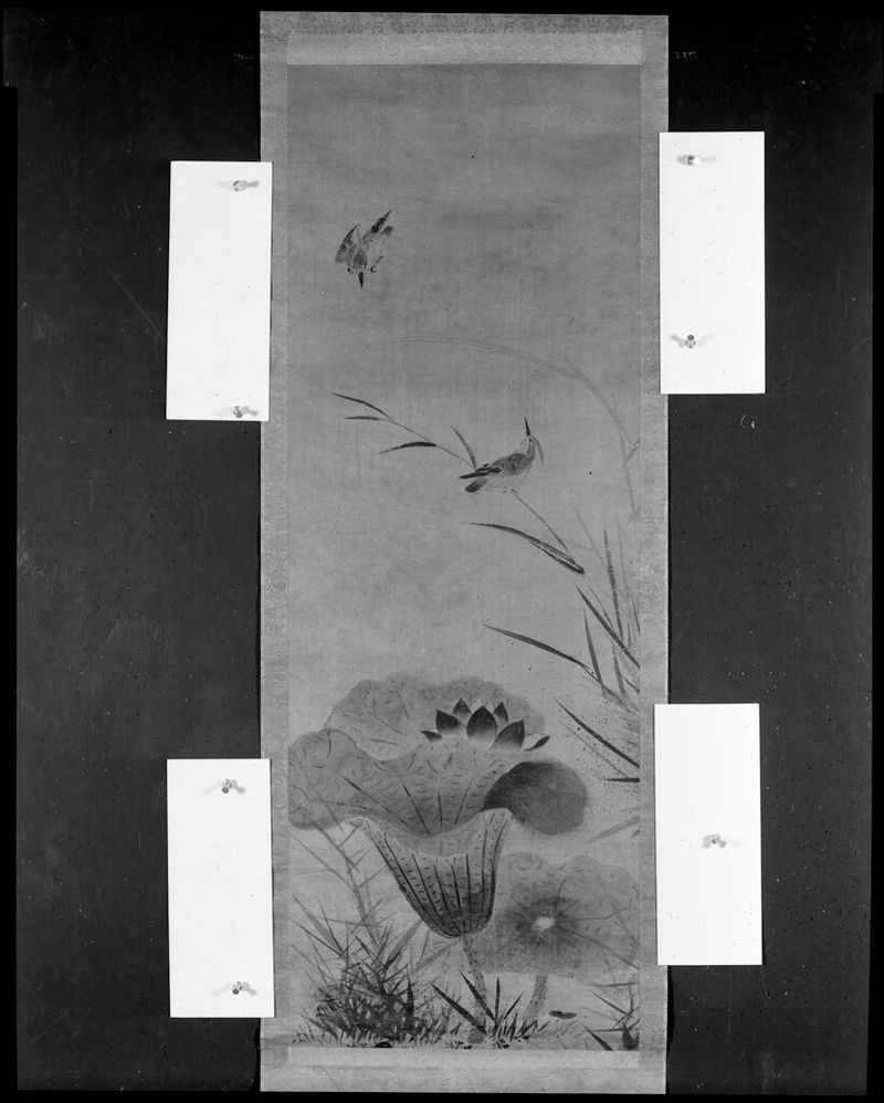 Aves y flores de loto en tinta sobre papel de Yōgetsu