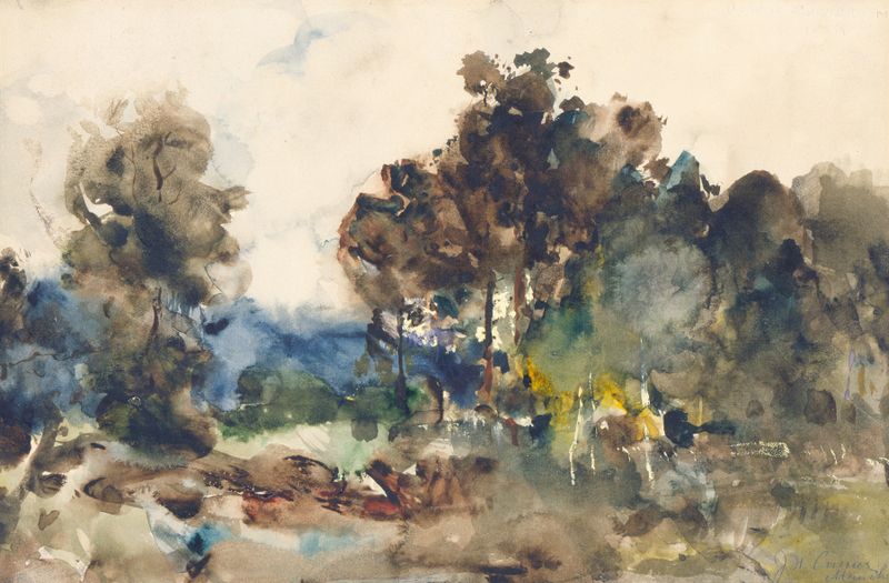 Landscape Sketch by Joseph Frank Currier, watercolor on paper depicting a dawn landscape with soft pastels.