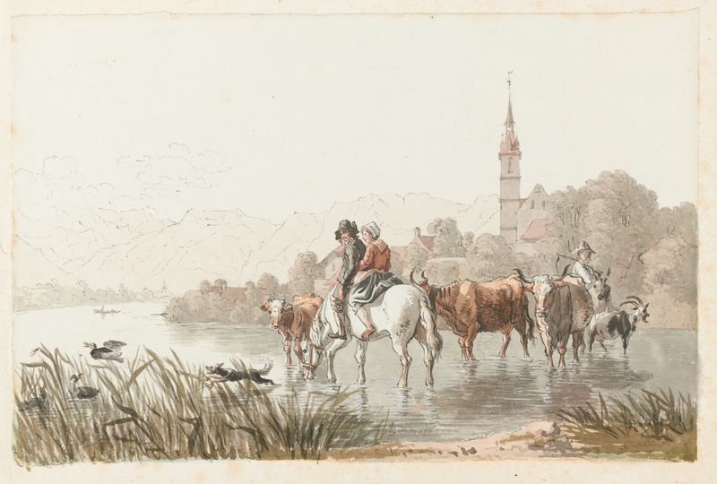 Pintura al óleo de Johann Jakob Biedermann que muestra el amanecer sobre colinas y un pueblo.